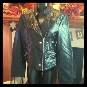 Black Gold Spike embellished Faux Leather Jacket